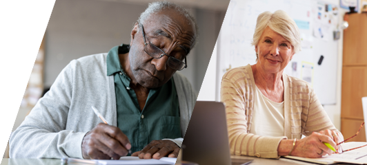 image of older black man writing in notebook and image of older woman holding a highlighter with pad of paper and laptop